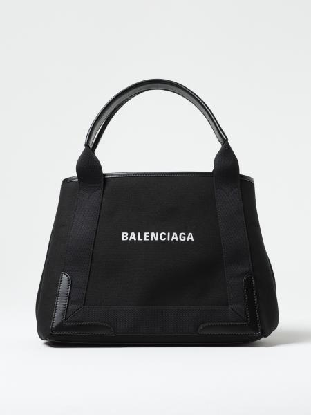 Women's Balenciaga: Balenciaga Cabas Navy S bag in canvas with printed logo lettering