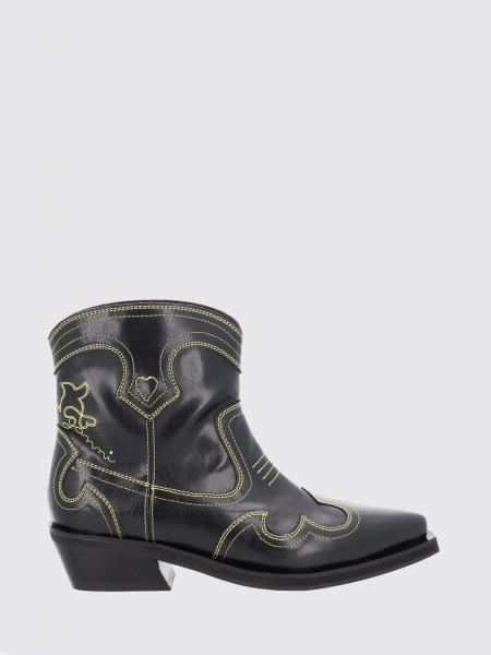 Ganni Low Shaft Western Ankle Boots in Faux Leather Blend with Embroidery