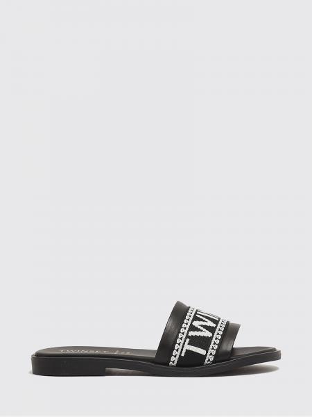 Sandalo Twinset in pelle e canvas jacquard