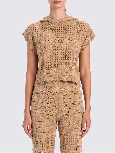 Twinset Slim Fit Hooded Openwork Cotton Knit Top with Short Sleeves
