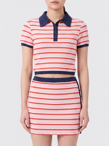 Simkhai Striped Cropped Polo in Viscose Blend with Contrast Trims
