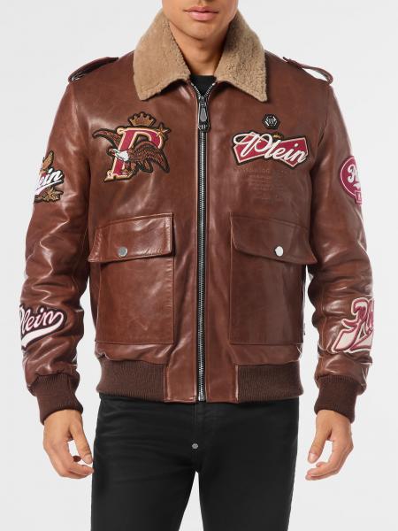 Leather Aviator Bomber Jacket with Logo Patch Philipp Plein