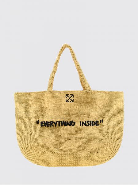 Off-White Crochet Raffia Tote Bag with Embroidered Slogan