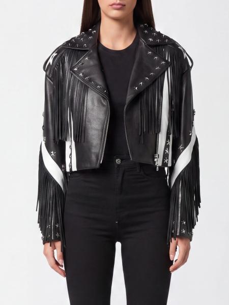 Philipp Plein Leather Biker Jacket with Fringes and Contrast Studs