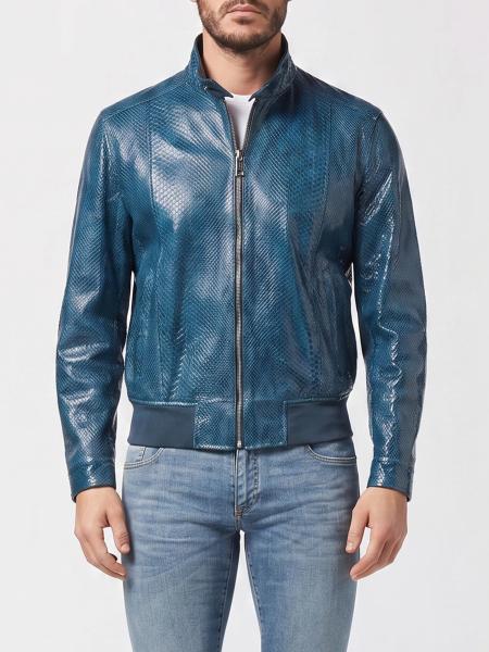 Billionaire Snakeskin Leather Bomber Jacket with High Collar and Zip Closure