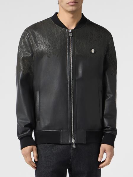 Leather Bomber Jacket Billionaire with Monogram Pattern and Applied Logo