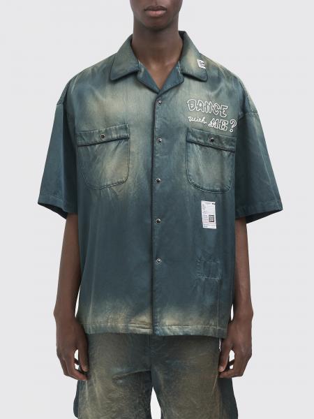 Maison Mihara Yasuhiro Slogan Print Satin Bowling Shirt with Cuban Collar