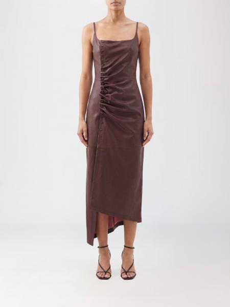 Vestido midi asimétrico Rabanne de piel con escote cuadrado y drapeado