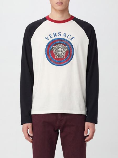 T-shirt a maniche lunghe Versace in cotone con logo Medusa e profili a contrasto
