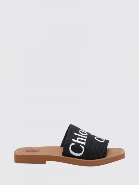 Chloé Woody Canvas Slide Sandals with Logo and Square Toe