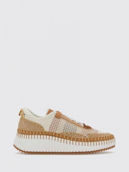 Chloé Nama Platform Sneakers in Leather and Mesh with Contrast Stitching
