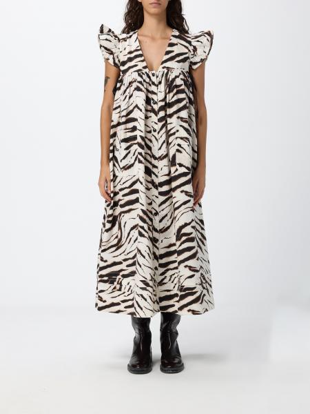 Zebra-Print V-Neck Sleeveless Midi Dress Ganni in Organic Cotton