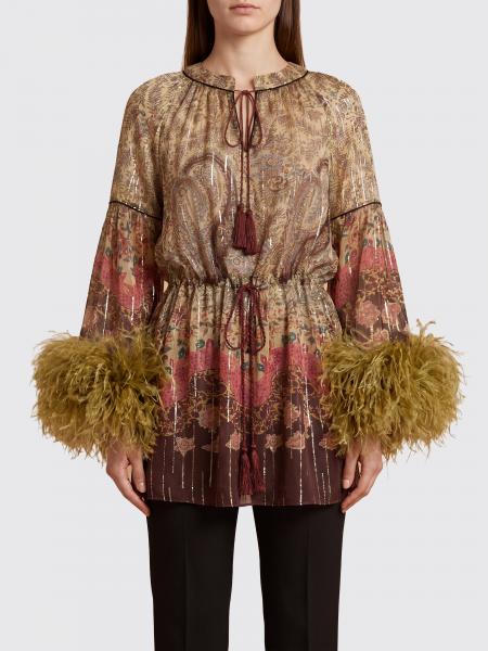 Paisley Print Silk Blouse Valentino with Ostrich Feather Cuffs