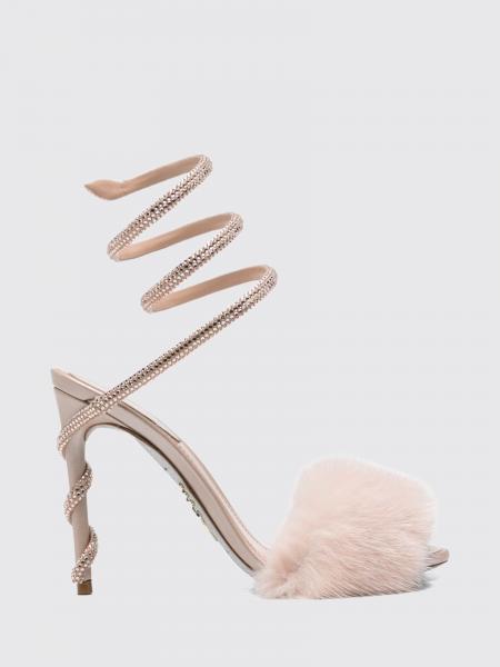 Rene Caovilla Margot Leather Sandals with Stiletto Heel and Crystal Snake Strap