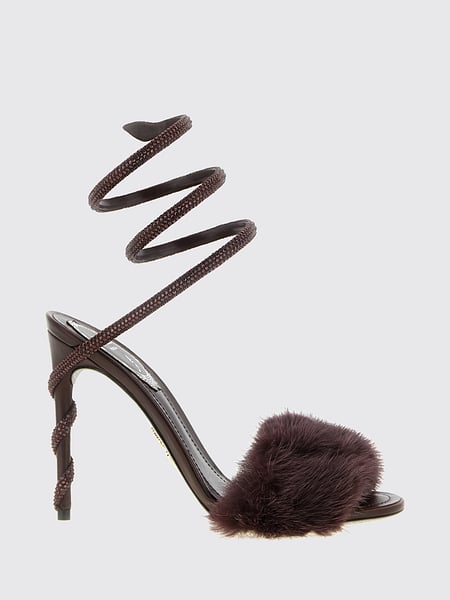Rene Caovilla Margot Leather Sandals with Stiletto Heel and Crystal Snake Strap