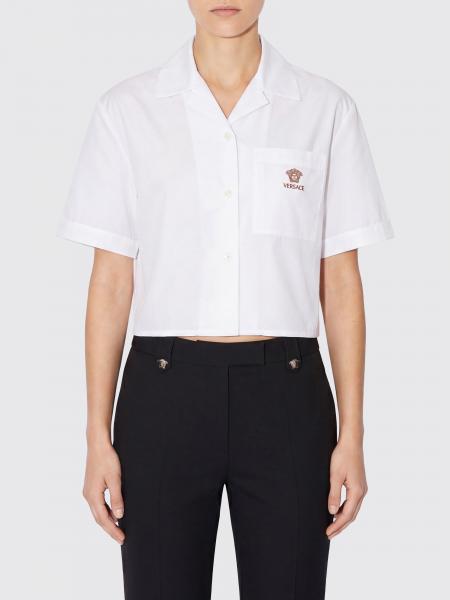 Versace Medusa Logo Cropped Cotton Shirt with Short Sleeves