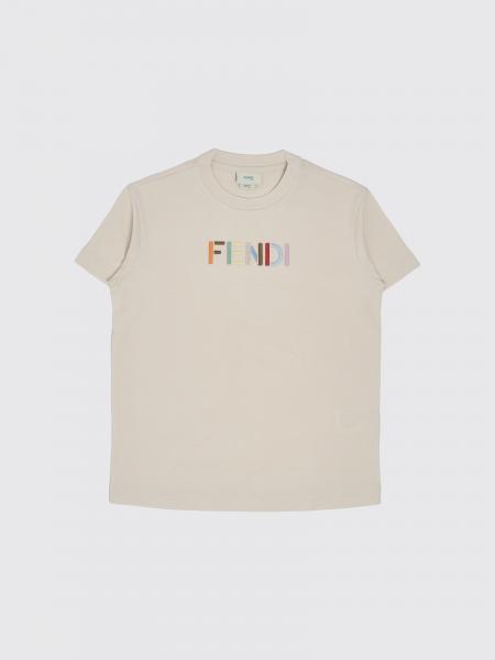 Fendi Boy's Crewneck Cotton T-shirt with Multicolour Embroidered Logo