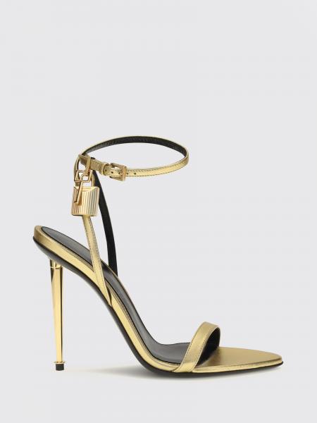 Tom Ford Padlock Gold Laminated Leather Sandals with Stiletto Heel