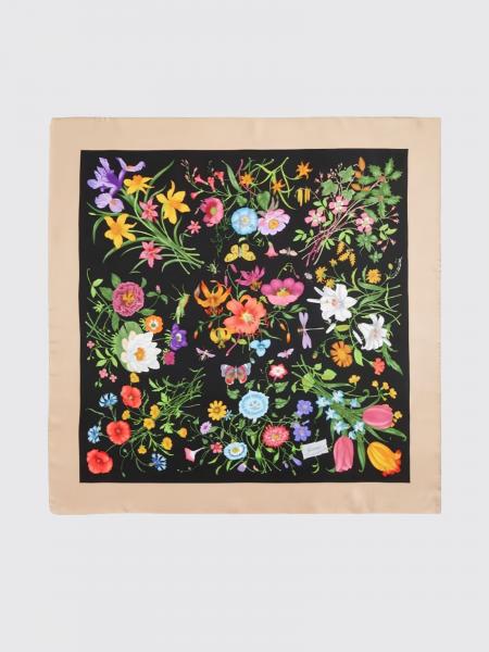 Gucci Square Scarf in Pure Silk with Floral Print and Contrast Logo