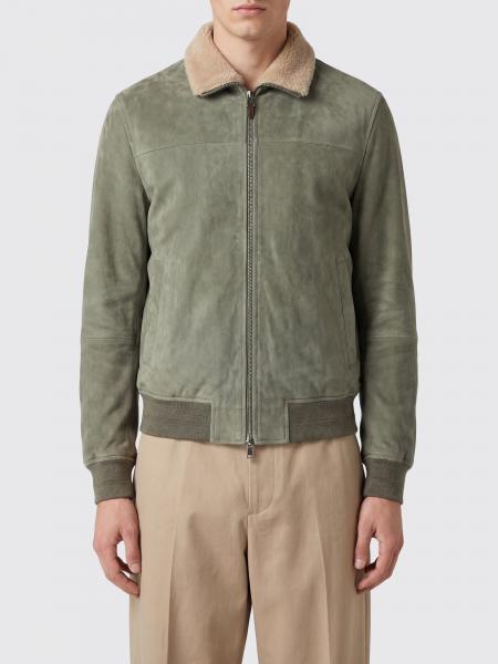 Suede Leather Bomber Jacket Canali with Fur Collar and Elasticated Hem