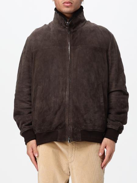 Suede Leather Bomber Jacket Canali with Fur Collar and Elasticated Hem