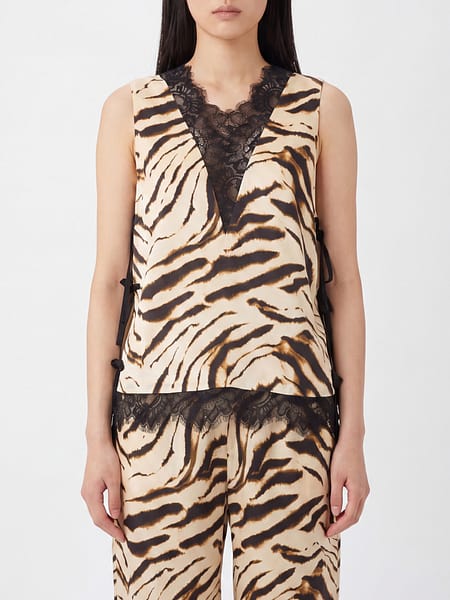 Zebra-Print Satin Blouse Ganni with a V-Neck and Lace Inserts