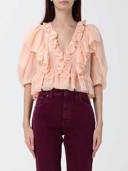 Blouse courte Chloé en soie brodée avec manches bouffantes et volants