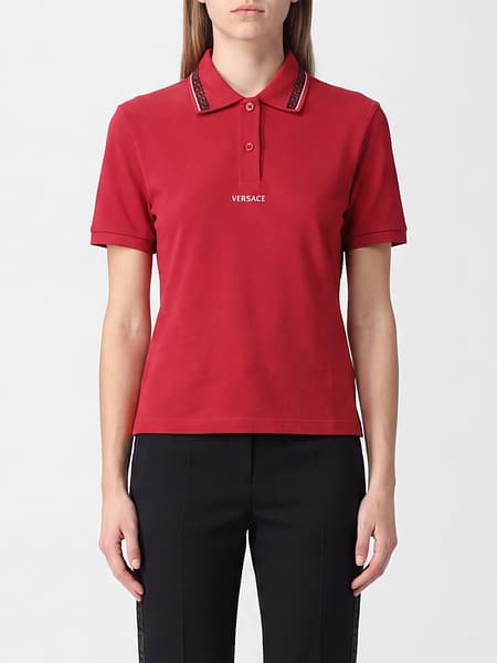 Slim Fit Cotton Polo Shirt Versace with Contrast Logo and Piping