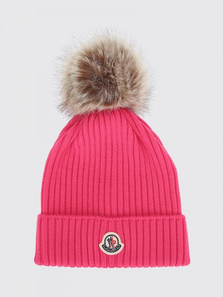 Boy's Rib-Knit Beanie Moncler with Pompom and Logo Patch