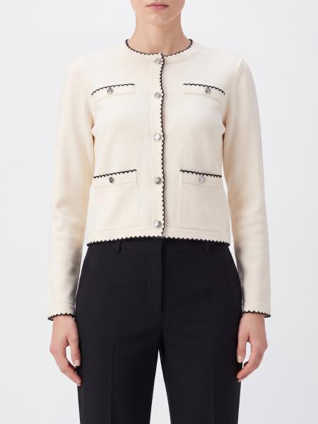 Tory Burch Slim Fit Wool Cardigan with Crew Neck and Patch Pockets