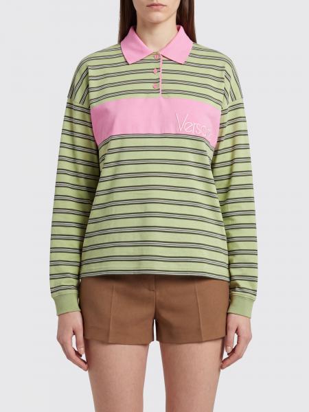 Versace Long-Sleeved Cotton Polo Shirt with Striped Pattern and Logo