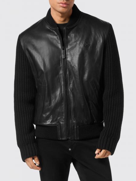 Philipp Plein Ribbed Wool Bomber Jacket with Calfskin Sleeves and Hexagon Logo