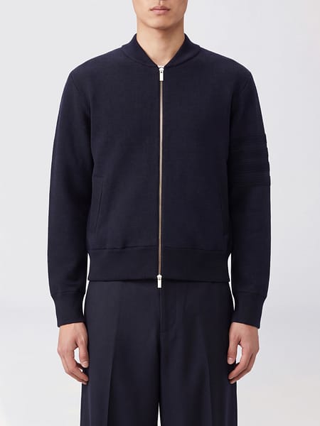 Thom Browne Wool Knit Zip-Up Sweatshirt with Bomber Collar and 4-Bar Motif