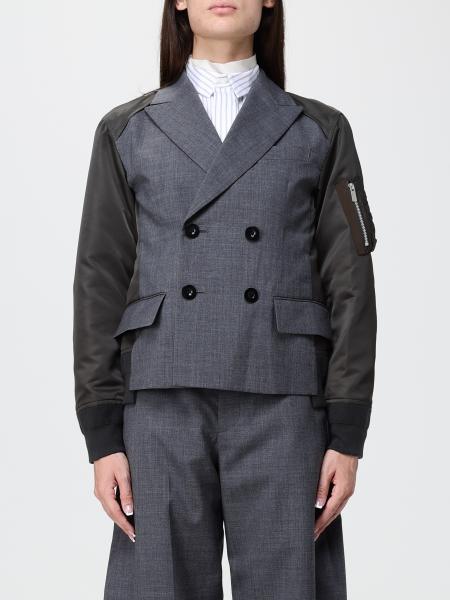 Sacai Slim Fit Double-Breasted Short Coat in Wool with Nylon Inserts