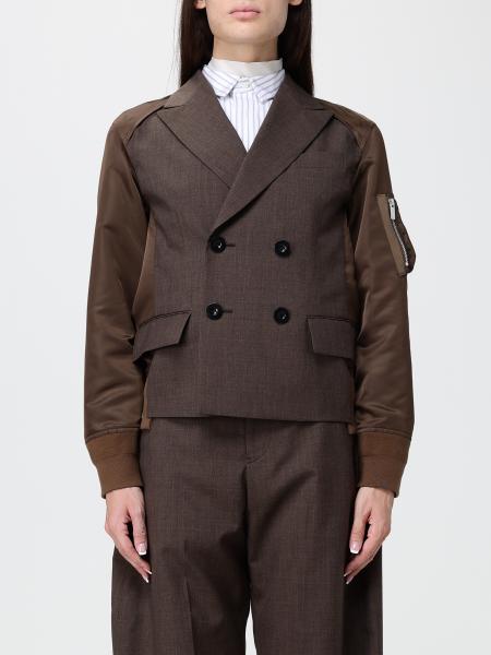Sacai Slim Fit Double-Breasted Short Coat in Wool with Nylon Inserts