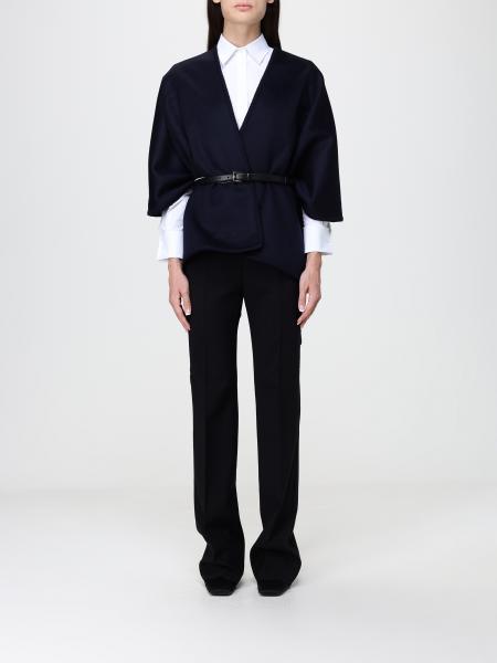 Max Mara Asymmetric Virgin Wool Cape with V-Neck and Adjustable Belt