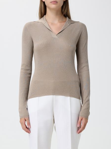 Polo in maglia Max Mara in seta e cashmere a coste con scollo a V e vestibilità slim