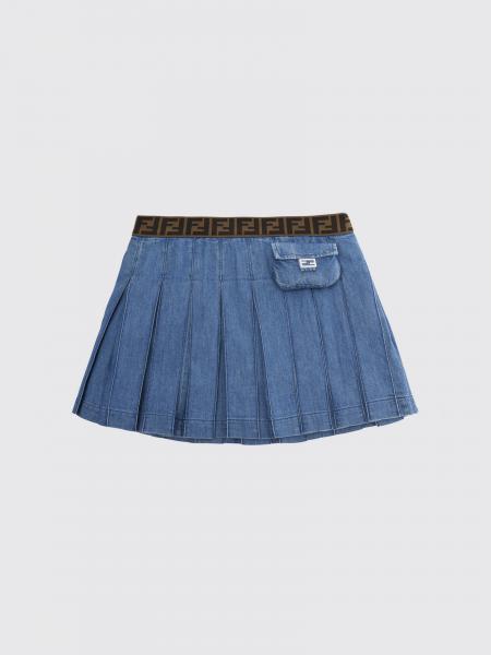 Fendi Boy's Pleated Cotton Denim Mini Skirt with Logo Waistband