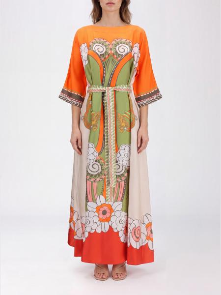 La DoubleJ A-Line Long Silk Dress with Ethnic Print and Waist Belt