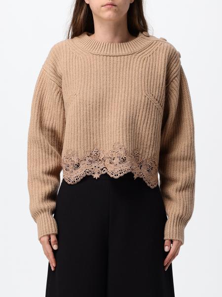 Chloé Wool and Cashmere Crewneck Jumper with Lace Inserts at the Hem