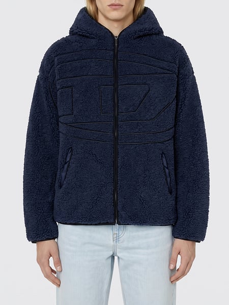 Diesel S-Zat Relaxed Fit Zip-Up Hoodie in Faux Shearling with Oval D Logo