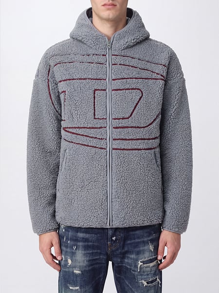 Diesel S-Zat Relaxed Fit Zip-Up Hoodie in Faux Shearling with Oval D Logo
