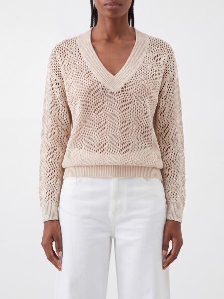 Brunello Cucinelli Relaxed Fit V-Neck Jumper in 100% Openwork Cashmere with Sequins