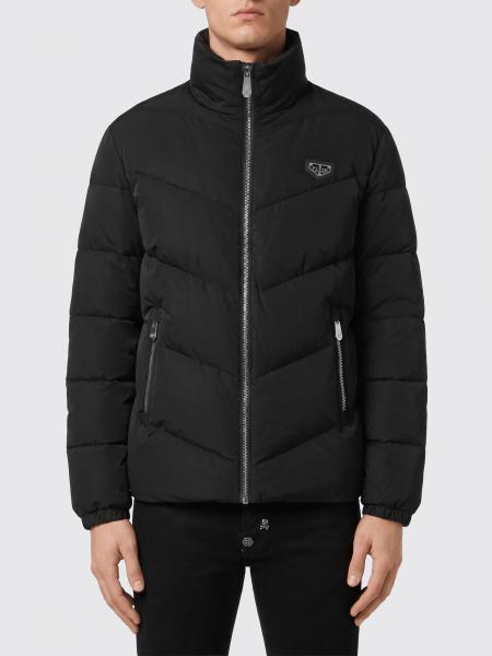 Philipp Plein Short Quilted Nylon Down Jacket with Zip Closure and Applied Logo