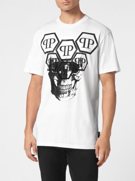 Cotton T-Shirt Philipp Plein with Skull Print and Rhinestone Hexagon Logo