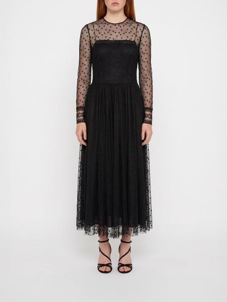 Alberta Ferretti Tulle Midi Ceremony Dress with Long Sleeves and a Crew Neck