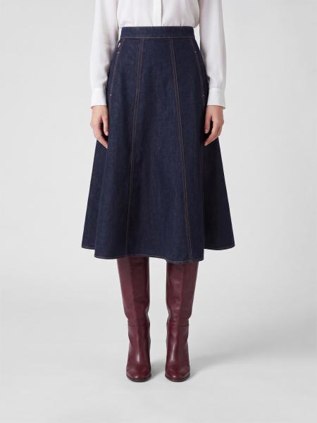 Alberta Ferretti High-Waisted A-Line Midi Skirt in Cotton Denim
