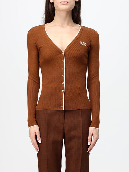 Cárdigan Elisabetta Franchi de lana slim fit con ribetes y logo en contraste