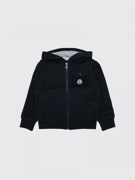 Boy's Zip-Up Cotton Hoodie Moncler with Kangaroo Pocket and Logo Patch