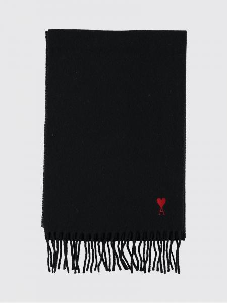 Ami Paris Wool Scarf with Embroidered Logo and Fringed Edges